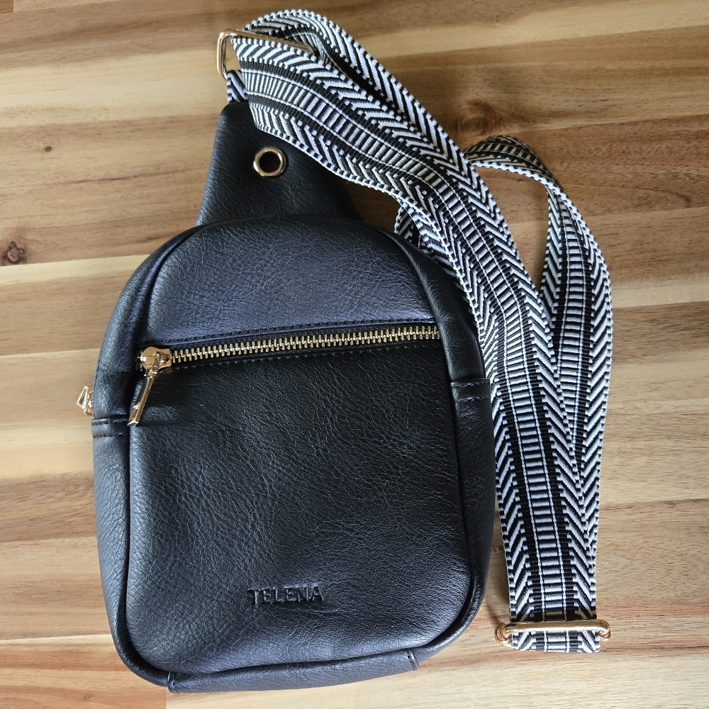 Telena Small Crossbody Sling Bag Black/White Adjust Strap Zip Pockets Gold Tone
